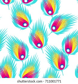 Abstract pattern animal print repeating tile feathers birds trendy colour blue red. Vector feather geometric collage peacock neon color hand graphic.