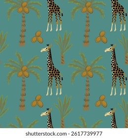 Abstract pattern with animals giraffes and palm trees in trendy colors. Exotic tropical background with coconuts and giraffes. Vector seamless pattern. Summer beach design in the jungle.