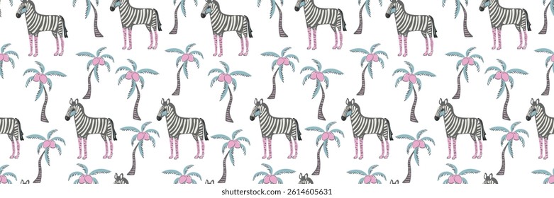 Abstract pattern with animals zebras and palms in trendy colors. Exotic tropical background with coconuts and zebras. Vector seamless pattern. Summer beach design in the jungle. Paradise nature.