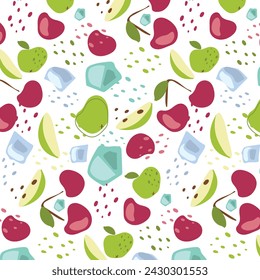 Abstract pattern apple, cherry and ice cube in flat style. Vector background. Fresh Seamless pattern. Summer time print. Lemonade wallpaper.