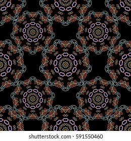Abstract pattern in Arabian style. Graphic modern pattern. Seamless vector background. Orange and yellow texture on black background.