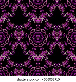 Abstract pattern in Arabian style. Seamless vector background. Magenta texture on black background. Graphic modern pattern.