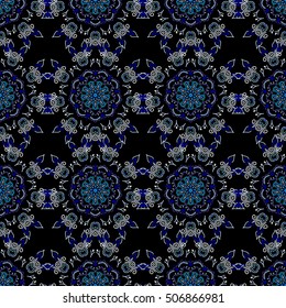Abstract pattern in Arabian style. Seamless vector background. Blue texture on black background. Graphic modern pattern.
