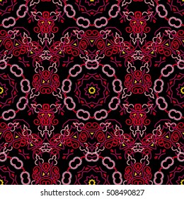 Abstract pattern in Arabian style. Seamless vector background. Red texture on black background. Graphic modern pattern.