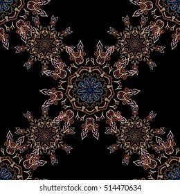 Abstract pattern in Arabian style. Seamless vector background. Orange, red and beige texture on black background. Graphic modern pattern.