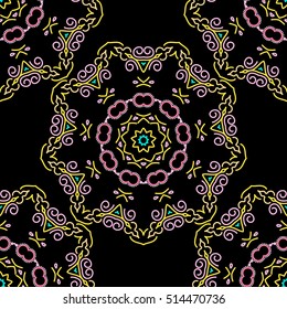 Abstract pattern in Arabian style. Seamless vector background. Pink, neutral and yellow texture on black background. Graphic modern pattern.