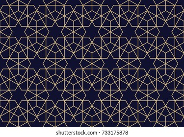 Abstract pattern in Arabian style. Seamless vector background.  Blue black and gold texture. Graphic modern pattern.
