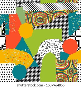 Abstract pattern in avant-garde style-vector illustration. mixing styles and trends Memphis. irregular geometric shapes, triangles, circles.