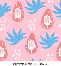 Abstract pattern with  avocado,tropical plants and triangles on pink background. Ornament for textile and wrapping. Vector.