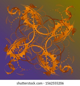 Abstract pattern of azure curls and orange stems of plants on a yellow and blue background. For a great mood.
