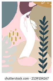 Abstract pattern, background, hand contour, abstract shapes in blue, blue beige color, branch. Vector illustration.