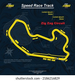 Abstract pattern background with marble or liquid texture. Yellow race track map with different design elements and sample text