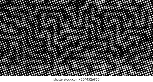 Abstract pattern background of organic halftone lines and dots maze. Vector organic pattern background of black and white irregular cells