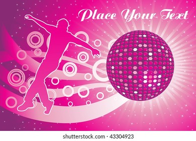 abstract pattern background with shiny magenta disco ball, boy silhouette