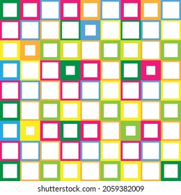 Abstract pattern or background of squares in various bright colors and different thickness or stroke. Green, pink, lime, yellow, blue. 