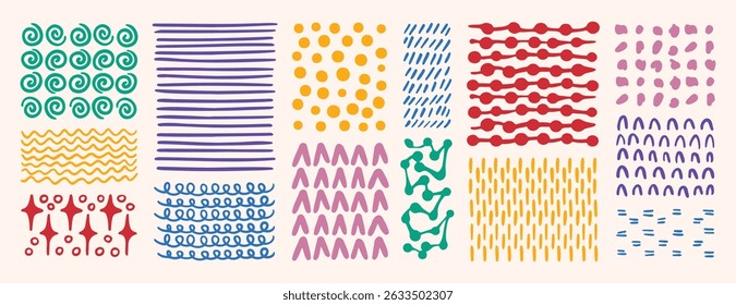 abstract pattern backgrounds and sketch dots texture with lines, stars, dots and circles. Hand drawn doodle colorful cute textures. Vector illustration