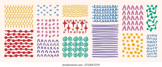 textura de planos de fundo de padrão abstrato e pontos de esboço com linhas, estrelas, pontos e círculos. Mão desenhada doodle colorido texturas bonitas. Ilustração vetorial