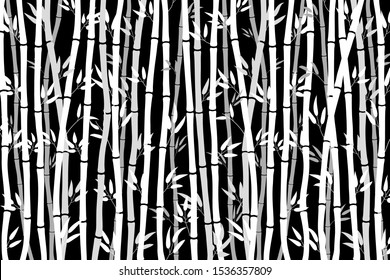 Abstract pattern - bamboo forest. White drawing of bamboo stalks on a black background. Tropical plant texture. Vector illustration of bamboo sticks.