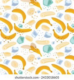Abstract pattern with banana and ice cube pattern in flat style. Vector background. Fresh Seamless pattern. Summer time print. For vape, juice or ice cream background.