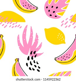 Abstract pattern with banana, lemon and tropical plants on white background. Ornament for textile and wrapping. Vector.