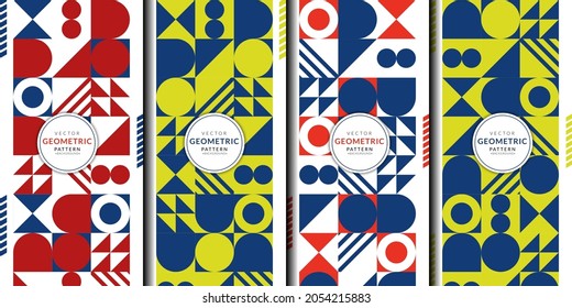 Abstract pattern Bauhaus geometric combination set. Vector circle, triangle, square lines color art wallpaper. Brochure template red blue yellow collection for fabric patterns and wrapping paper.