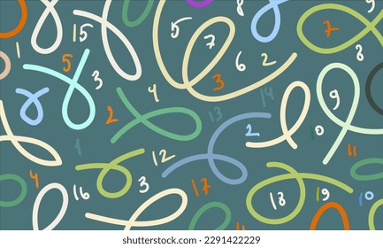 Abstract pattern of bent wavy lines and numbers. Composition in the form of an arbitrary pattern on a sea-green background. Vector illustration, EPS 10. Doodle space.