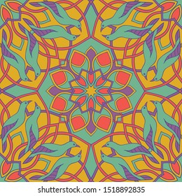 Abstract pattern with birds and mandalas. Vector colorful background. Template for textile, carpet, shawl, cushion.