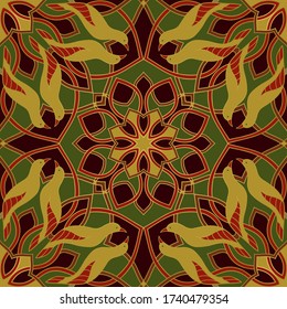Abstract pattern with birds and mandalas. Vector seamless background. Template for textile, carpet, shawl, cushion.