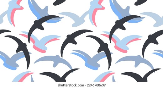 Abstract pattern with birds, vector seamless pattern in the style of doodles, hand drawn