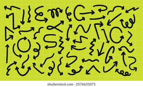 Abstract pattern with black arrows on a yellow background. Arrows in various directions, black arrows on yellow, creating a dynamic, abstract design. Element vector set.