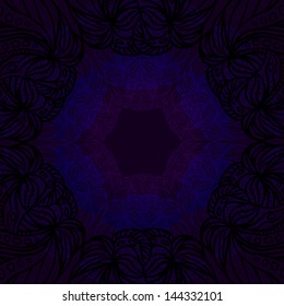 Abstract pattern with black and blue lace on violet background