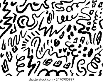 Abstract pattern with black brush strokes on a white background, featuring swirls, zigzags, and various dynamic shapes.