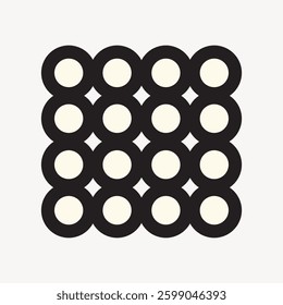 Abstract pattern with black circles and white centers arranged in a grid. Geometric design featuring circles and contrasting colors in a symmetrical layout. Minimal shape vector.