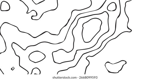 An abstract pattern of black contour lines creating a topographical map-like design, isolated on a white background.