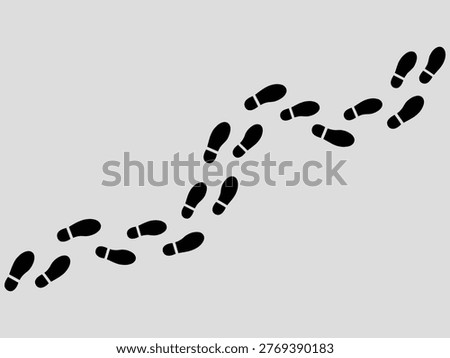 Abstract pattern of black footprint imprints gradually appearing and disappearing on a neutral gray background suggesting movement and passage of time