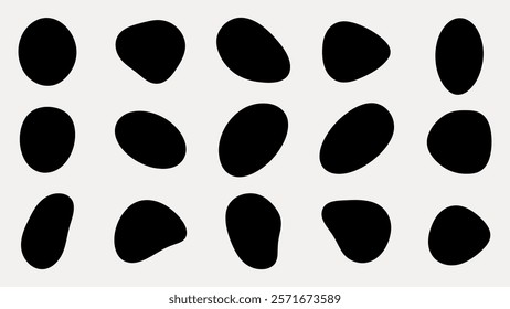 Abstract pattern with black, irregular shapes. The design features black shapes, creating a modern, abstract look. Perfect for abstract art lovers. Black shape vector set.