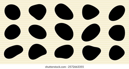 Abstract pattern with black oval shapes on a light striped background. The pattern features oval shapes in a random arrangement. Oval shapes create a modern look. Black shape vector set.