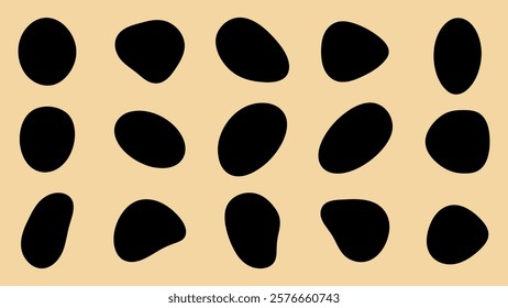 Abstract pattern with black oval shapes on a beige background. The black shapes create a striking contrast. Oval shapes repeat in a random pattern. Black shape vector set.