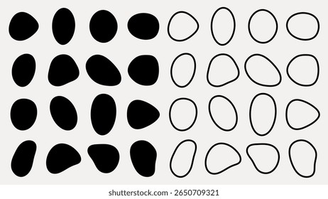Abstract pattern with black shapes. Bold black shapes on left, outlined shapes on right. Geometric design with black. Minimalist shapes. Black element vector set.