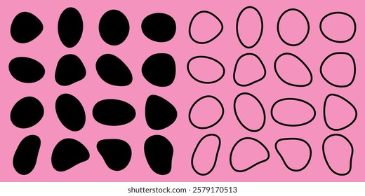 Abstract pattern with black shapes on pink. Black shapes create a bold, abstract design. Pink background enhances the abstract, artistic look of black shapes. Black shape vector set.