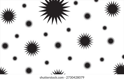 Abstract pattern with black starburst shapes on a white background. Modern and minimalist design. Represents innovation, disruption, or a network of connections. Suitable for technology, communication, or corporate visuals needing a bold and impactful look.