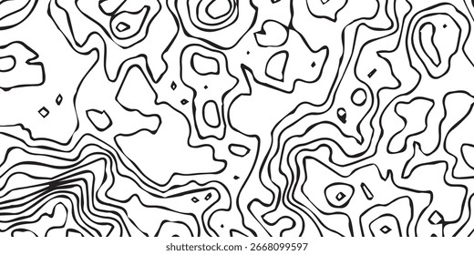 Un patrón abstracto de líneas de contorno topográficas negras sobre un fondo blanco, sugiriendo terrenos o formaciones geológicas.