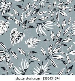 Abstract pattern black white exotic leaves on the contour floral background. Seamless vector composition