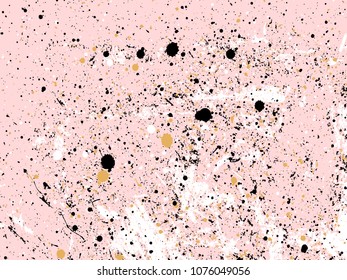 Abstract pattern with black, white and gold dots and blot on pink background. Creative and modern tiling background, poster, textile,  brochure, invitation, cover book, catalog.