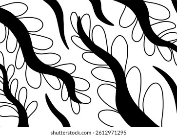 Abstract Pattern Black White Seaweed Wave Background, Easy to Print, Large Size, Easy to Edit, Vector Shape
