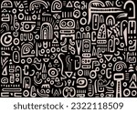 abstract pattern in black and white with various shapes and symbols, in the style of afro-colombian themes, freeform minimalism, texture-rich, expansive