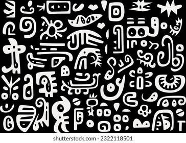 abstract pattern in black and white with various shapes and symbols, in the style of afro-colombian themes, freeform minimalism, texture-rich, expansive