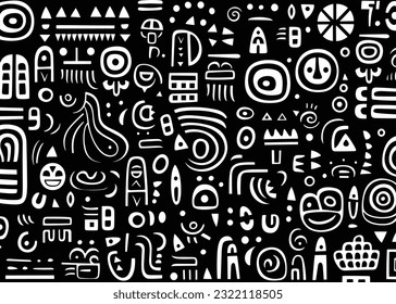 abstract pattern in black and white with various shapes and symbols, in the style of afro-colombian themes, freeform minimalism, texture-rich, expansive