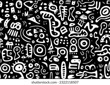 abstract pattern in black and white with various shapes and symbols, in the style of afro-colombian themes, freeform minimalism, texture-rich, expansive