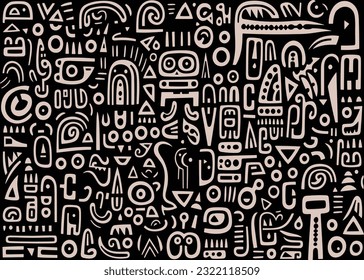 abstract pattern in black and white with various shapes and symbols, in the style of afro-colombian themes, freeform minimalism, texture-rich, expansive